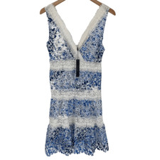 T Tahari Raya Dress Lace Overlay Smocked V-Neck Sleeveless Blue White Women 14