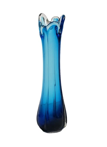 Vintage Infused Blue Glass Handblown Swung 5 Finger Vase Sanded Ponteled Bottom