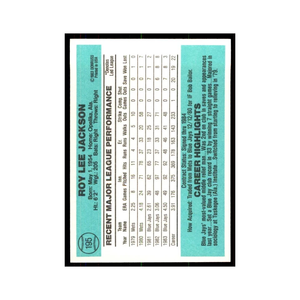 Roy Lee Jackson 1984 Donruss #195 Toronto Blue Jays Baseball Card NM - Image 2 of 3