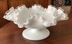 Vintage FENTON Milk Glass Silver Crest Ruffled Edge Pedestal Compote Candy Dish