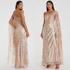 NWT Mac Duggal Rose Gold One Shoulder Cape Sleeve Embellished Gown 898 Size 8