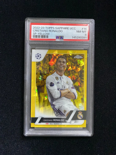 2022-23 Topps Chrome UEFA Sapphire SP-Yellow Cristiano Ronaldo 61/99 PSA 8 EI26