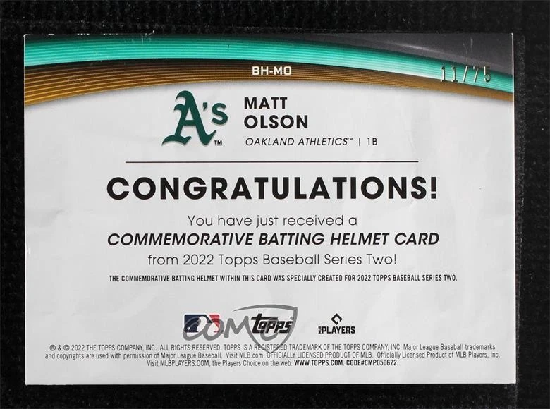 2022 Topps Series 2 Batting Helmet Commemorative Relics Gold /75 Matt Olson - Image 2 of 2