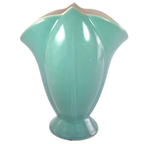 BAUER POTTERY 317 - 10 LOTUS VASE 10" Art Deco Turquoise Glaze Oval Petal Shaped