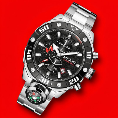 Mens 46mm Sport Chronograph Watch Stainless Steel Quartz Black Dial Wrist Megir