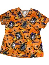 Disney Mickey Minnie Mouse Halloween Women's Scrub Top Happy Hauntings