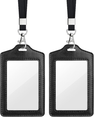 Teskyer 2 Pack Double Sided Clear Badge Holder with Lanyard, PU Leather ID Badge