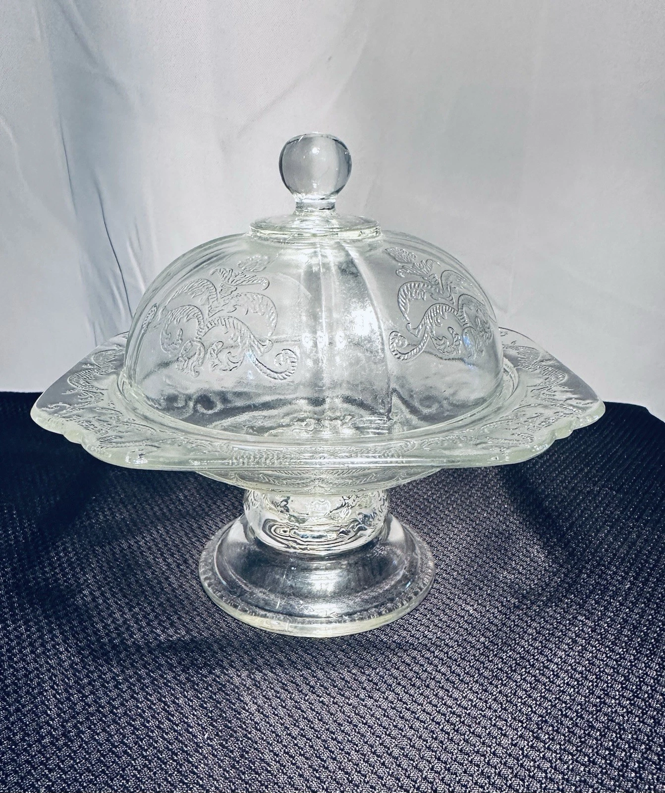 1980s Indian glass CLEAR Butter Dish, Covered Round Pedestal Depression