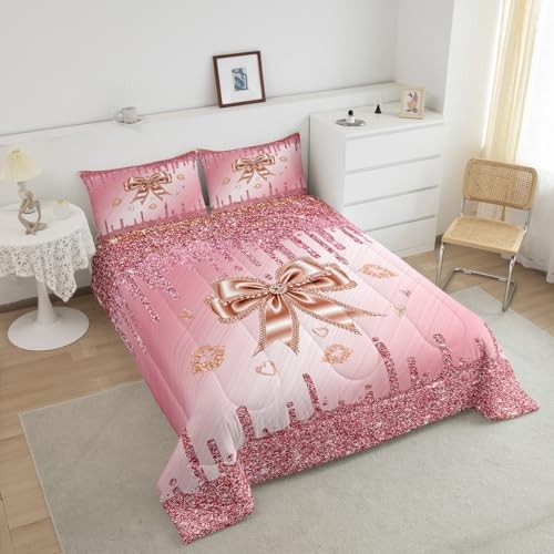 Pink Bowknot Comforter Set Size Kids Glitter Print(No Glitter Full Multi962 - Picture 4 of 7
