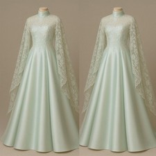 Muslim Satin Wedding Dress Long Flared Sleeve High Neck Bridal Gown White Ivory