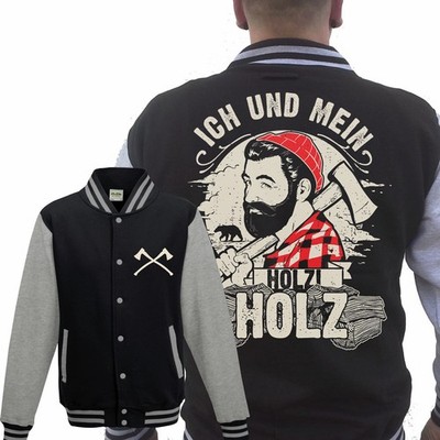 Ich und mein Holz Collegejacke Grau/Schwa Holzfäller Fun Beard Holzi Lumberjack
