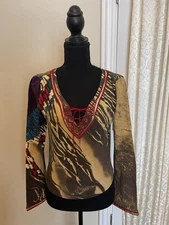 Voyage Passion Cotton Multi Color Long Sleeve Top Sequin Embellish Size Large