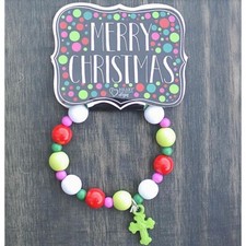 Christmas Green Cross Kids Bracelet Plastic Beaded Stretch New Free Ship 9167