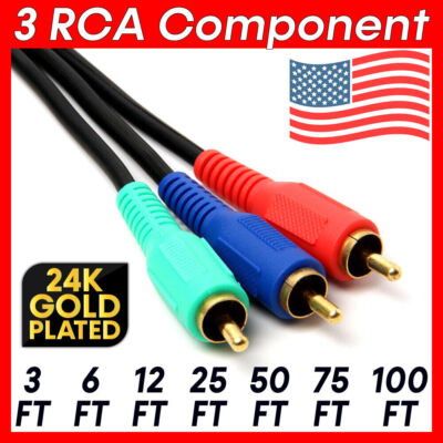 3 RCA Component Cable Video RGB YPbPr RCA Cord Coaxial RG56/U HDTV DVD VCR LOT