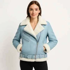 Women B3 RAF Aviator Jacket Fux Shearling Leather Biker Winter Coat Fur Collar