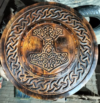 Viking Shield With Carved Norse Runic Ornaments Battleworn Wooden Shield 24'' M