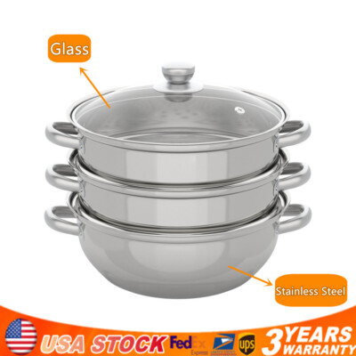 3 Tier Steamer Hot Pot Stainless Steel Cooker Steam Pot Food Cooking + Glass Lid