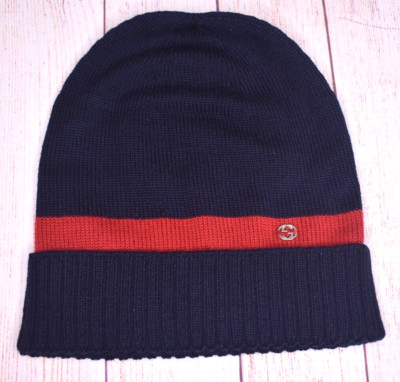 Gucci Beanie Hat Navy Blue Red Cuffed Knit Winter Medium M (READ) NEW NWOT