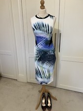 Karen Millen Pencil Dress White Size 10 Tropical Jungle Print Bodycon Wiggle