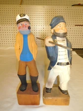 2 Classic Hand-Carved 10 inch Wood Wooden Boat Captain & First Mate Fishermen