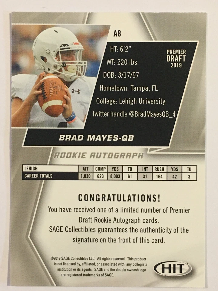 2019 Sage Hit Rookie Autograph - Brad Mayes #A8 - Image 2 of 2