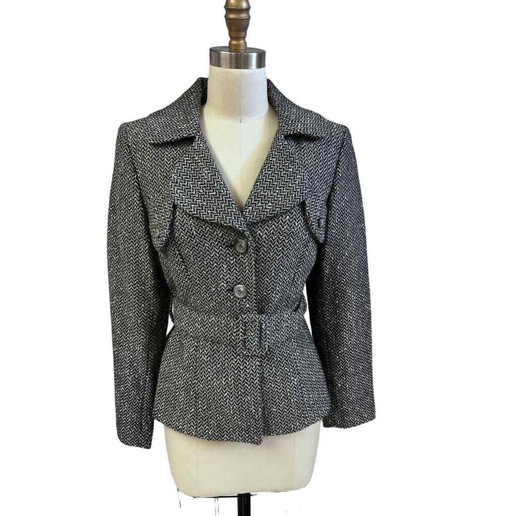 VTG Miss Elle Ci Les Copains Sz 42( M/L) Black/White Herringbone Tweed Jacket
