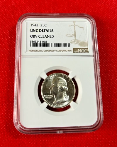 1942 US SILVER WASHINGTON QUARTER NGC UNC DETAILS OBV CLEANED