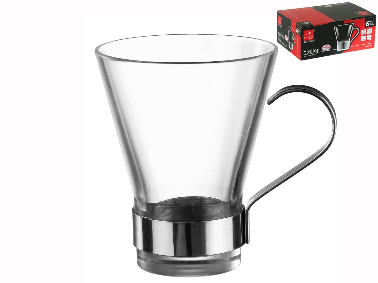 Confezione 6 Tazze Te' Ypsilon Manico Inox cl 32 Trasparente Bormioli Rocco