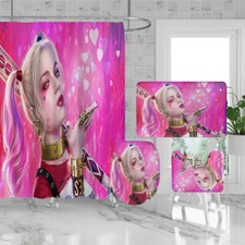 Harley Quinn Bathroom Rug Set Shower Curtain Bath Mat Non-Slip Toilet Lid Cover