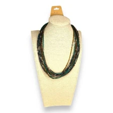 BEADED LAYERED NECKLACE GREEN EARTH TONES SILVER BROWN