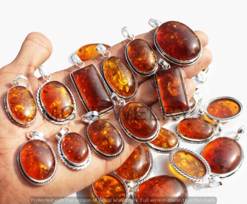 100 Pcs Lot Baltic Amber Gemstone 925 Silver Plated Pendants MF-307 - Picture 1 of 5