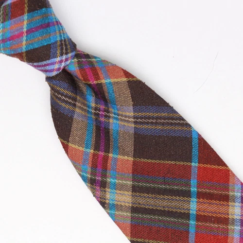 Gladson Mens Slub Silk Necktie Brown Red Teal Plaid Weave Woven Tie Italy