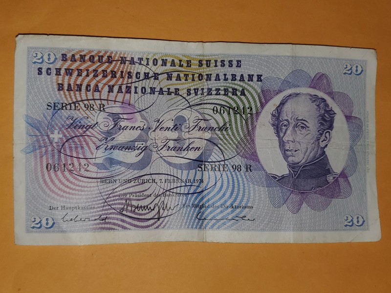 SWITZERLAND SWISS 20 Francs Franc Twenty Franken 1974 Series 101 P Banknote Note