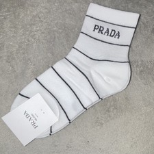 Prada Unisex Crew Socks Size 9-11 White/Black Striped Logo Theme 1 Pair