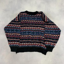 Vintage Abstract Knitted Jumper Patterned Grandad Chunky Knit Sweater Men's L