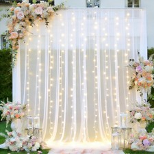 White Tulle Sheer Backdrop Curtain With LED Fairy Lights Soft Fabric 10x8 FT