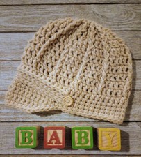 handmade crochet baby hat 0-6 months newsboy beanie brim buff tan USA made new