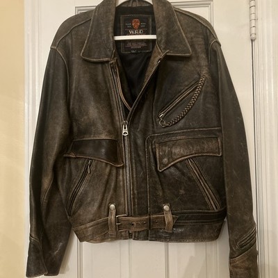 VINTAGE MENS CHEVIGNON BROWN DISTRESSED LEATHER MOTO JACKET, Size