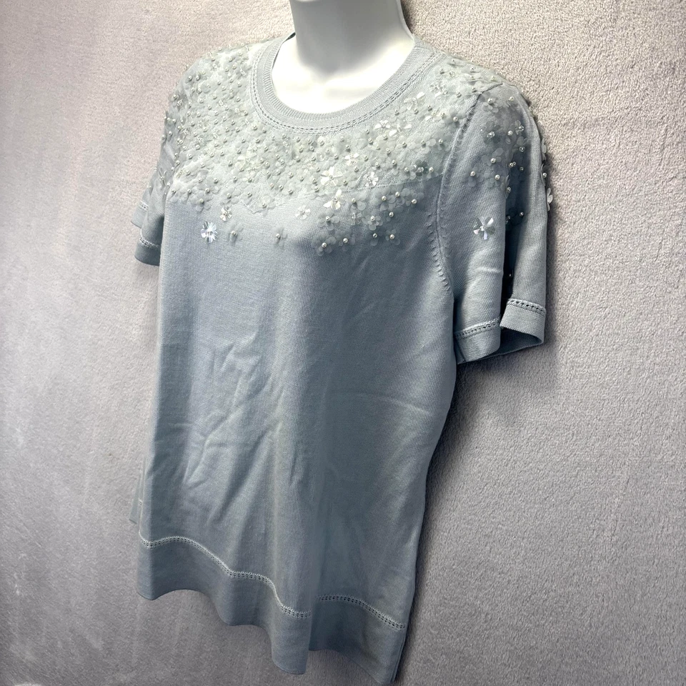 Suéter de manga corta con cuentas de lana merino Elie Tahari azul medio suave acogedor Foto 2 de 4