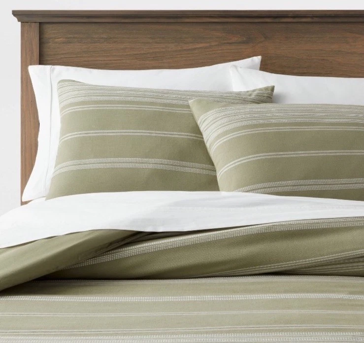 Threshold Full/Queen Cotton Woven Stripe Duvet Cover & Sham Set Moss Green - Image 2 of 4
