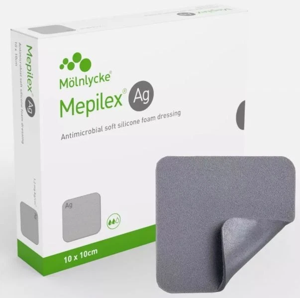 Molnlycke MEPILEX AG Antimicrobial Soft Silicone Foam Dressing 10 x 10 cm 5 Pcs.