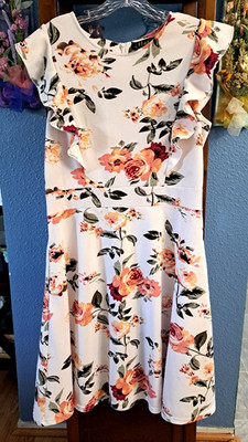 iHot Women's XL White w/Pink Roses Ruffles 1/4 Sleeves Midi Cocktail Party Dress