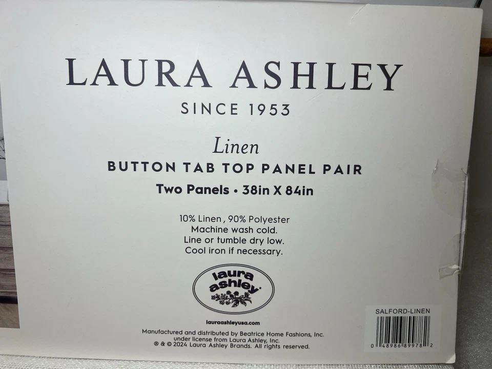 Laura Ashley Linen Button Tab Top Curtain Panels Pair Width 38"x84" Natural NWT - Image 4 of 4