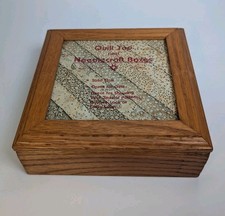 Vintage Quilt Top & Needle Craft Light Oak Wood Square Keepsake Jewelry Box 7x7"