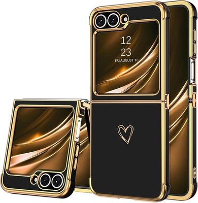 Samsung Galaxy Z Flip 6 5G Case, Cute Heart Luxury Gold Plating Slim TPU Bumper