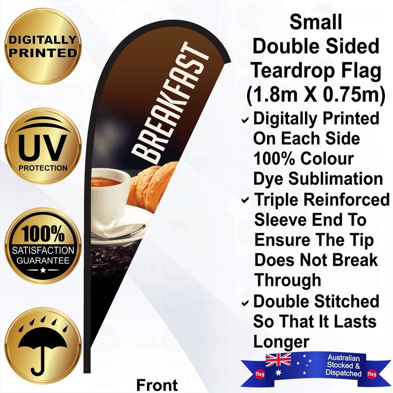 F - BREAKFAST Deluxe Double-Sided Brown 2.4m Teardrop Flag / Banner Kit with Pole Set, Galvanised Steel Ground Spike, Steel Outdoor Cross Base, Free 15kg Water Bag and a Free Carry Bag - 1