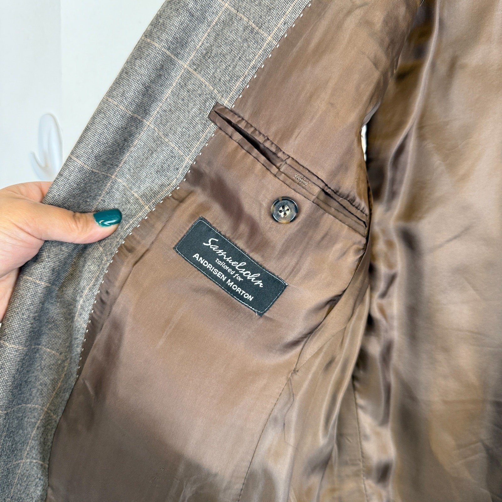 Samuelson Gable Super 150s Wool Beige Windowpane … - image 7