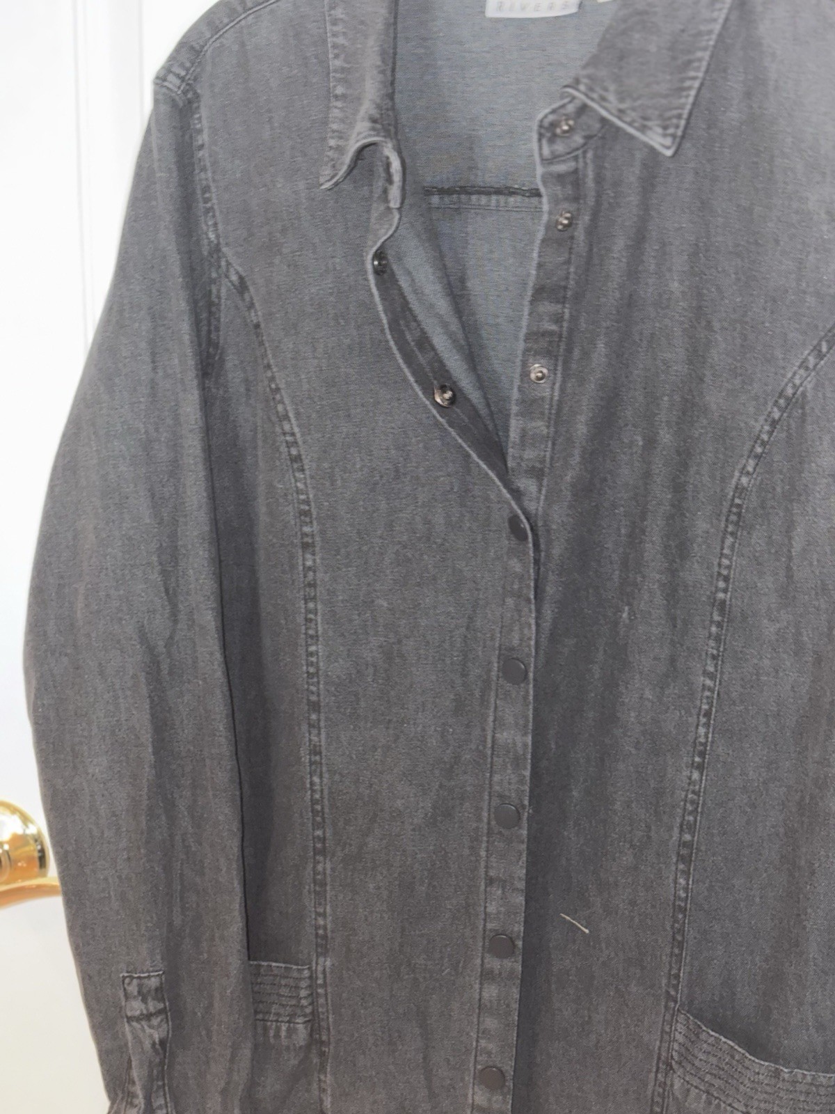 Joan Rivers Gray Denim Button-Up Blouse Collared Long Sleeve Women's S