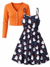 5T 6T Girls Halloween Dress 2 Piece Ghost Sundress with Cardigan