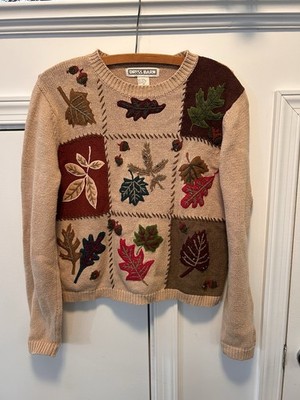 Vintage Prides Landing Cream Wool 3D Leaf Leaves Botanical Cable Knit Sweater M